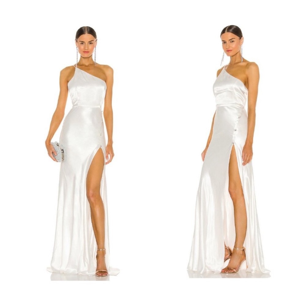 SAU LEE | NWT Hailey One Shoulder Formal Satin Embellished Gown in Ivory Size 4